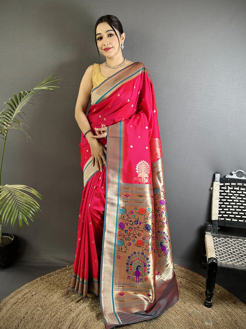 Dista Elora Rani Pink Lichi Silk Peacock & Floral Motifs Zari Weaving Paithani Saree