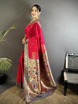 Dista Elora Rani Pink Lichi Silk Peacock & Floral Motifs Zari Weaving Paithani Saree, view 2