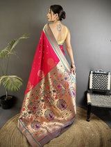 Dista Elora Rani Pink Lichi Silk Peacock & Floral Motifs Zari Weaving Paithani Saree, view 3