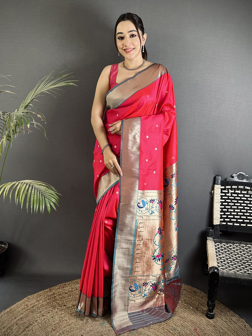 Dista Elora Rani Pink Lichi Silk Peacock Motifs Zari weaving Paithani Saree