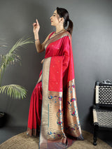Dista Elora Rani Pink Lichi Silk Peacock Motifs Zari weaving Paithani Saree, view 2
