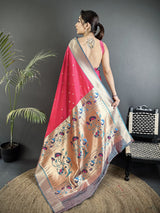 Dista Elora Rani Pink Lichi Silk Peacock Motifs Zari weaving Paithani Saree, view 3
