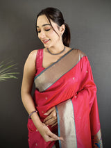 Dista Elora Rani Pink Lichi Silk Peacock Motifs Zari weaving Paithani Saree, view 4