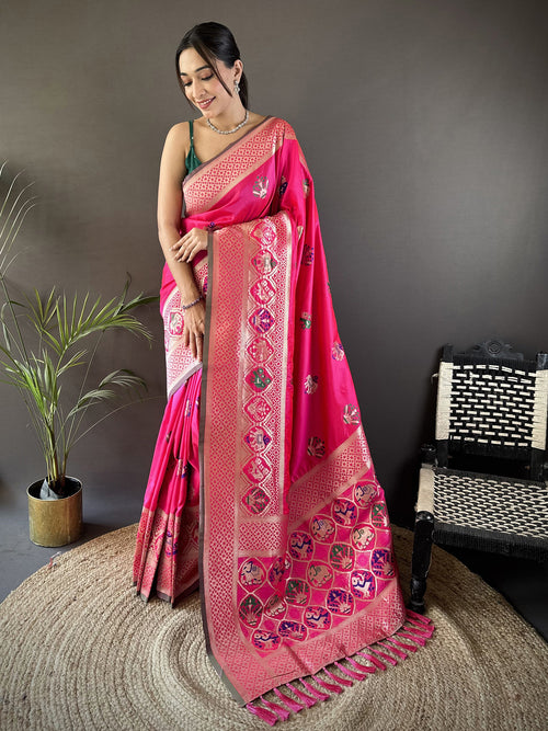 Dista Elora Rani Pink Soft Lichi Silk Elephant & Floral Motifs Minakari Work Banarasi Saree