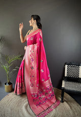 Dista Elora Rani Pink Soft Lichi Silk Elephant & Floral Motifs Minakari Work Banarasi Saree, view 2