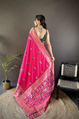 Dista Elora Rani Pink Soft Lichi Silk Elephant & Floral Motifs Minakari Work Banarasi Saree, view 3