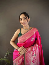 Dista Elora Rani Pink Soft Lichi Silk Elephant & Floral Motifs Minakari Work Banarasi Saree, view 5