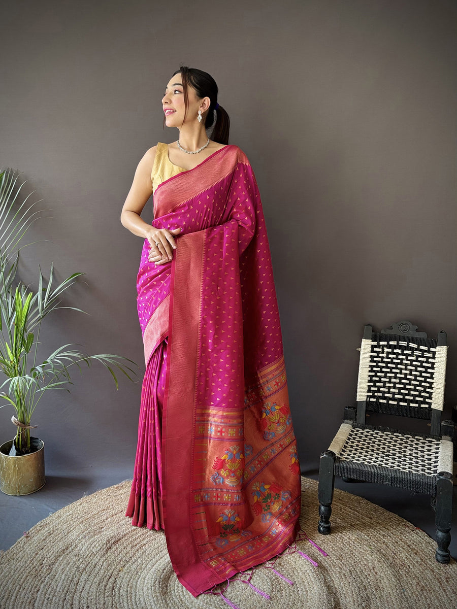 Dista Elora Rani Pink Soft Lichi Silk Jacquard Butti Zari Weaving Paithani Saree