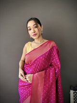Dista Elora Rani Pink Soft Lichi Silk Jacquard Butti Zari Weaving Paithani Saree, view 2