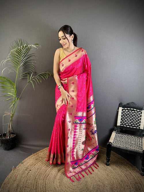 Dista Elora Rani Pink Soft Lichi Silk Peacock & Floral Motifs Jacquard Kanchipuram Saree