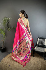 Dista Elora Rani Pink Soft Lichi Silk Peacock & Floral Motifs Jacquard Kanchipuram Saree, view 2