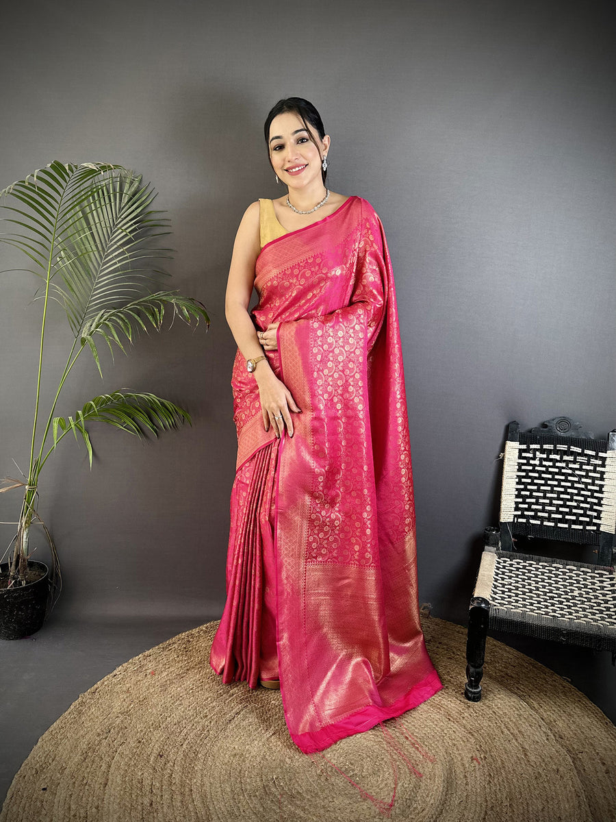 Dista Elora Rani Pink Soft Satin Silk Floral & Paisley Motifs Banarasi Saree