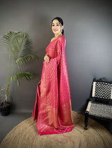 Dista Elora Rani Pink Soft Satin Silk Floral & Paisley Motifs Banarasi Saree, view 2