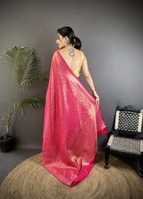 Dista Elora Rani Pink Soft Satin Silk Floral & Paisley Motifs Banarasi Saree, view 3