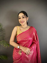 Dista Elora Rani Pink Soft Satin Silk Floral & Paisley Motifs Banarasi Saree, view 4