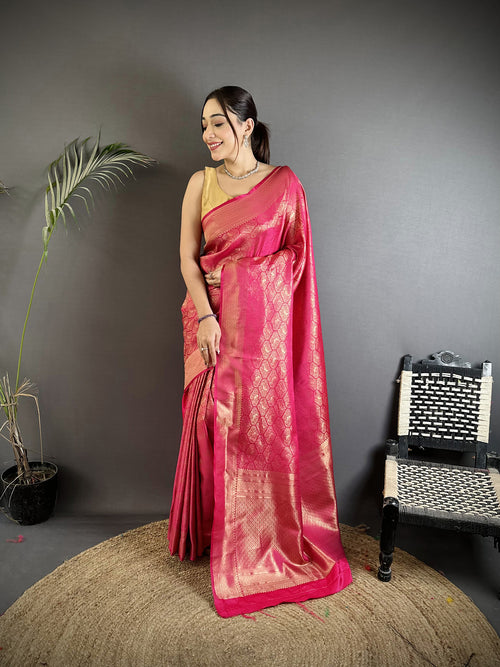Dista Elora Rani Pink Soft Satin Silk Paisley & Floral Banarasi Saree