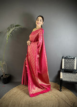 Dista Elora Rani Pink Soft Satin Silk Paisley & Floral Banarasi Saree, view 2
