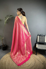 Dista Elora Rani Pink Soft Satin Silk Paisley & Floral Banarasi Saree, view 3