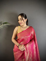 Dista Elora Rani Pink Soft Satin Silk Paisley & Floral Banarasi Saree, view 4