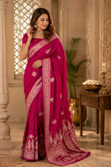 Dista Elora Rani Pink Soft Silk Floral Jaal Jacquard Zari Woven Banarasi Saree, view 2