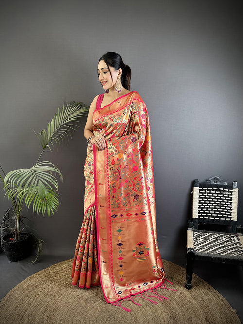 Dista Elora Rani Pink Soft Silk Floral & Leaf Designs Pattern Paithani Saree