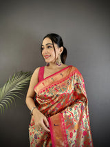 Dista Elora Rani Pink Soft Silk Floral & Leaf Designs Pattern Paithani Saree, view 2