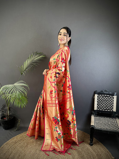 Dista Elora Rani Pink Soft Silk Floral Pattern Pattern Paithani Saree