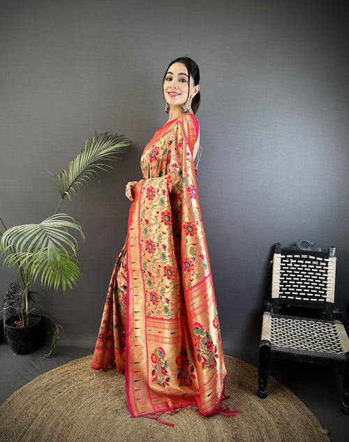 Dista Elora Rani Pink Soft Silk Floral Vine Pattern Paithani Saree