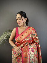 Dista Elora Rani Pink Soft Silk Floral Vine Pattern Paithani Saree, view 2