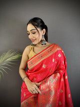 Dista Elora Rani Pink Soft Silk Geometric Zari Woven Patola Saree, view 4