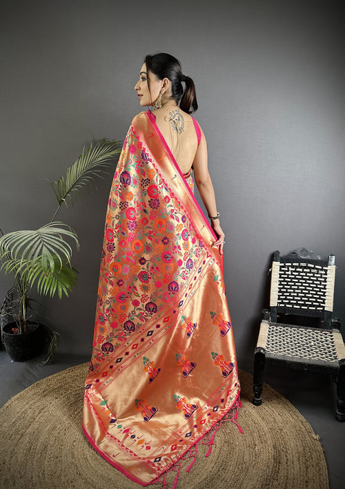 Dista Elora Rani Pink Soft Silk Vibrant Motifs Pattern Paithani Saree