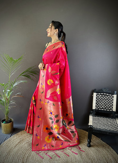 Dista Elora Rani Pink Soft Silk Zari Woven Floral Motifs Paithani Saree