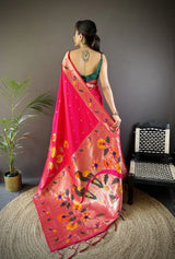 Dista Elora Rani Pink Soft Silk Zari Woven Floral Motifs Paithani Saree, view 2