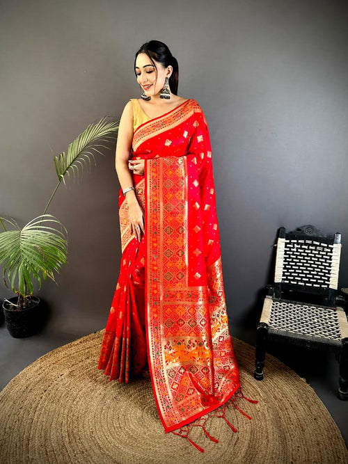 Dista Elora Red Banarasi Lichi Silk Meenakari Zari Weaving Patola Saree