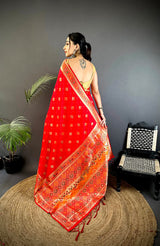 Dista Elora Red Banarasi Lichi Silk Meenakari Zari Weaving Patola Saree, view 3