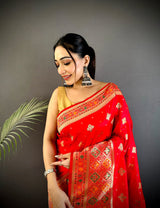 Dista Elora Red Banarasi Lichi Silk Meenakari Zari Weaving Patola Saree, view 4