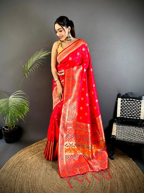Dista Elora Red Banarasi Lichi Silk Meenakari Zari Weaving Patola Saree