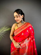 Dista Elora Red Banarasi Lichi Silk Meenakari Zari Weaving Patola Saree, view 4