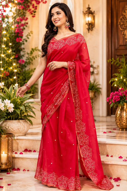 Dista Elora Red Chanderi Cotton Butti Printed Ready To Wear Saree
