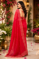 Dista Elora Red Chanderi Cotton Butti Printed Ready To Wear Saree, view 2