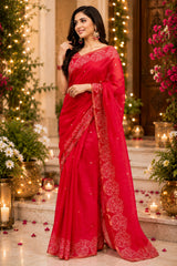 Dista Elora Red Chanderi Cotton Butti Printed Ready To Wear Saree, view 3