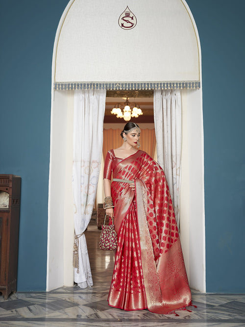 Dista Elora Red Cotton Silk Ikkat Zari Designer Saree for Women