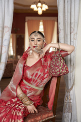 Dista Elora Red Cotton Silk Ikkat Zari Designer Saree for Women, view 2