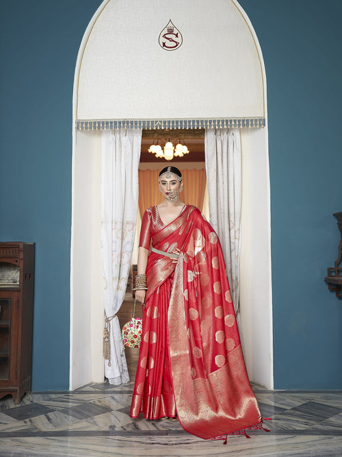 Dista Elora Red Cotton Silk Ikkat Zari Designer Saree for Women