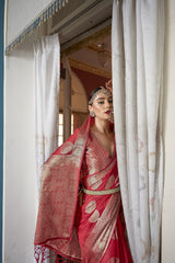 Dista Elora Red Cotton Silk Ikkat Zari Designer Saree for Women, view 2