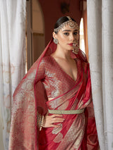 Dista Elora Red Cotton Silk Ikkat Zari Designer Saree for Women, view 4