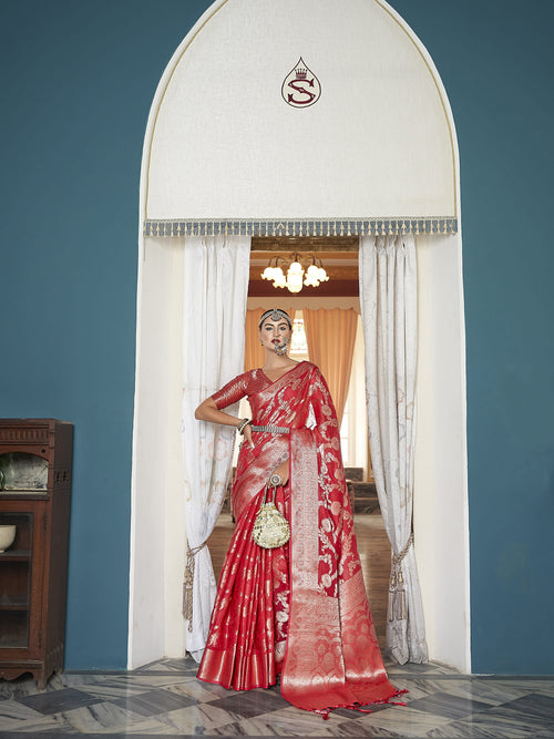 Dista Elora Red Cotton Silk Ikkat Zari Designer Saree for Women