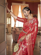 Dista Elora Red Cotton Silk Ikkat Zari Designer Saree for Women, view 4