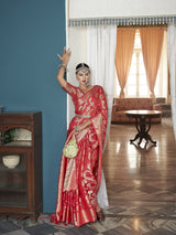 Dista Elora Red Cotton Silk Ikkat Zari Designer Saree for Women, view 5