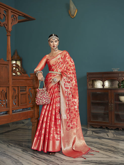 Dista Elora Red Cotton Silk Ikkat Zari Designer Saree for Women